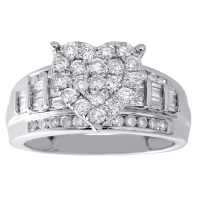 Pre-owned Jfl Diamonds & Timepieces 10k White Gold Round & Baguette Diamond Heart Cluster Engagement Ring 1 Ct.