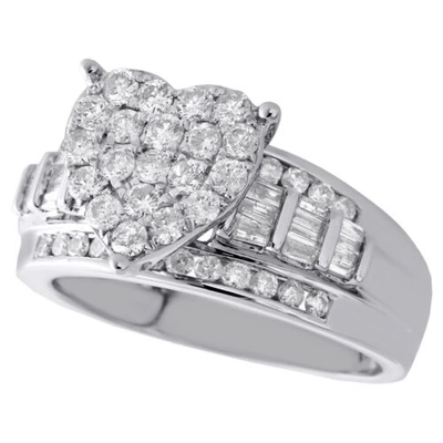 Pre-owned Jfl Diamonds & Timepieces 10k White Gold Round & Baguette Diamond Heart Cluster Engagement Ring 1 Ct.