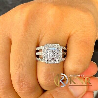 Pre-owned Knr 14k White Gold Princess Moissanite And Natural Diamond Engagement Ring 3.80c