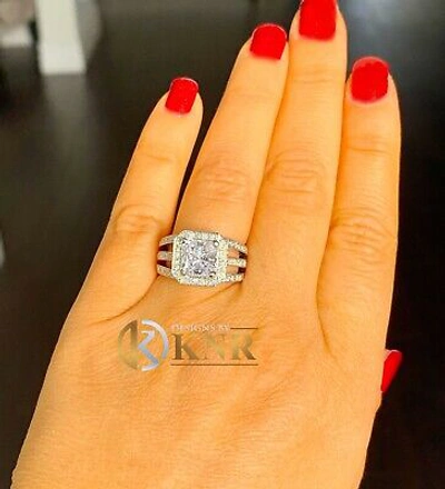 Pre-owned Knr 14k White Gold Princess Moissanite And Natural Diamond Engagement Ring 3.80c