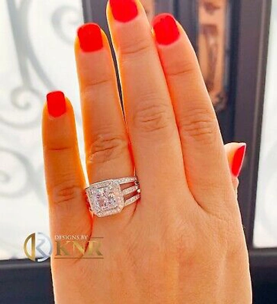 Pre-owned Knr 14k White Gold Princess Moissanite And Natural Diamond Engagement Ring 3.80c