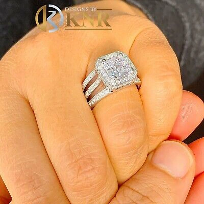 Pre-owned Knr 14k White Gold Princess Moissanite And Natural Diamond Engagement Ring 3.80c