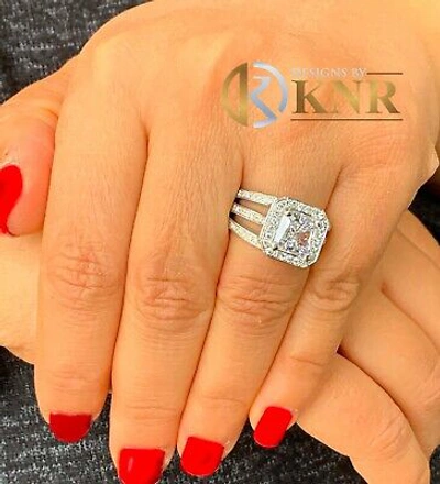 Pre-owned Knr 14k White Gold Princess Moissanite And Natural Diamond Engagement Ring 3.80c