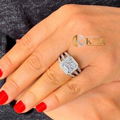 Pre-owned Knr 14k White Gold Princess Moissanite And Natural Diamond Engagement Ring 3.80c