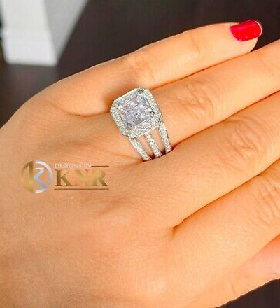 Pre-owned Knr 14k White Gold Princess Moissanite And Natural Diamond Engagement Ring 3.80c
