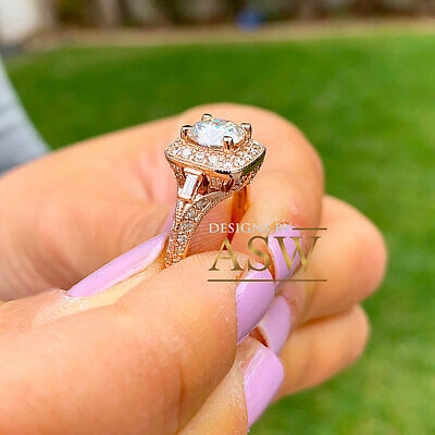 Pre-owned Halo 14k Solid Rose Gold Round Cut Natural Diamond Engagement Ring Antique 1.65ctw In White