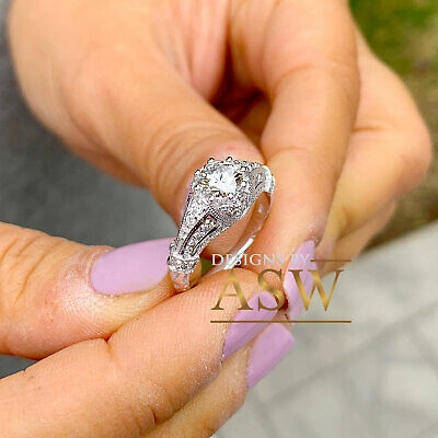Pre-owned Halo 14k Solid White Gold Round Cut Natural Diamond Engagement Ring Antique 1.45ctw
