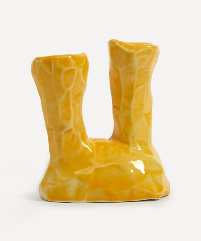 Shop Pottery & Poetry Dual Low Porcelain Candleholder In Yellow