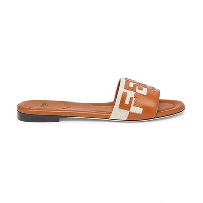 Shop Fendi Canvas And White Leather Slides In Marron