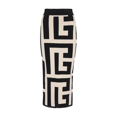 Shop Balmain Maxi Monogram Midi Skirt In Ivoire Noir