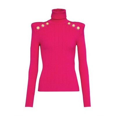 Shop Balmain Knit Sweater With Gold-tone Buttons In Rose Fuchsia