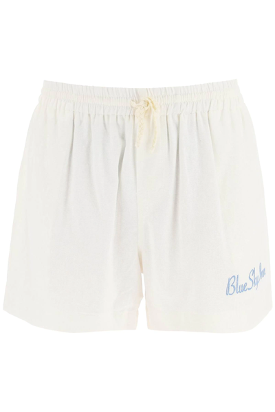 Shop Blue Sky Inn Linen Logo Shorts In White