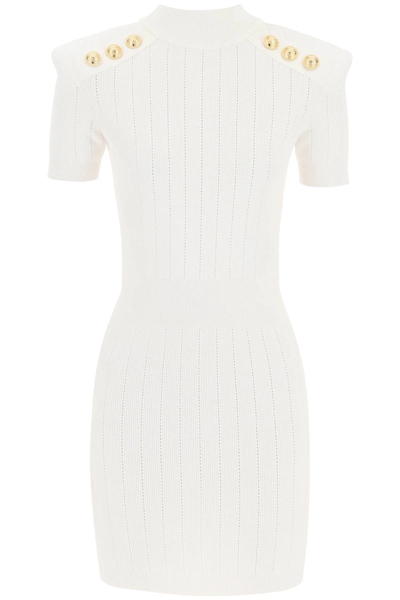 Shop Balmain Textured Knit Mini Dress With Buttons In White
