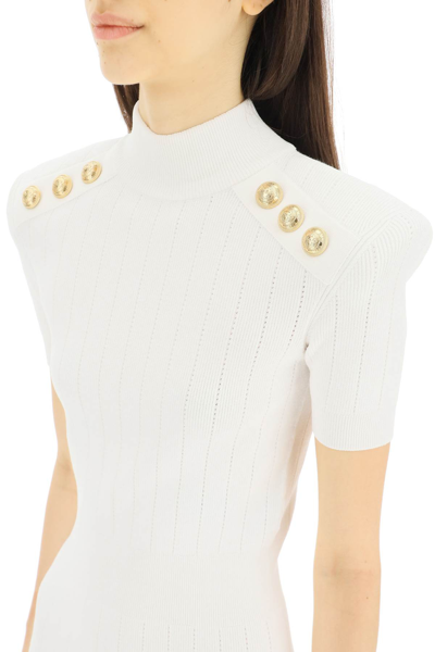 Shop Balmain Textured Knit Mini Dress With Buttons In White