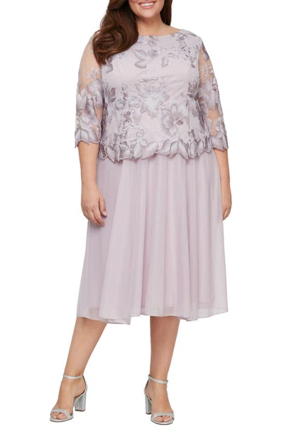 Shop Alex Evenings Illusion Sleeve Embroidered Midi Dress In Smokey Orchid