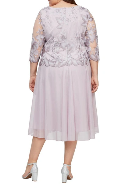 Shop Alex Evenings Illusion Sleeve Embroidered Midi Dress In Smokey Orchid