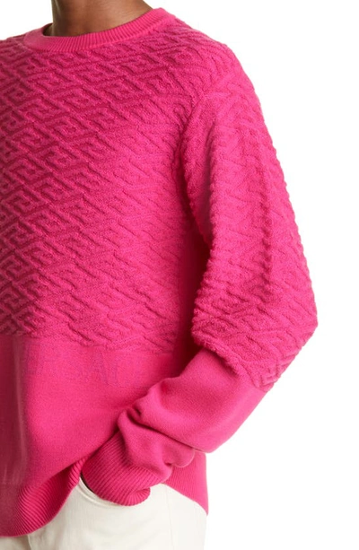 Shop Versace La Greca Jacquard Wool Blend Sweater In Fuxia