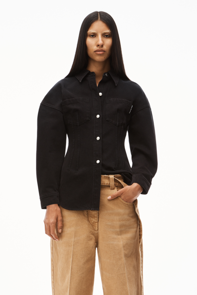 Cinch Waist Drop Shoulder Shirt In Denim In Black
