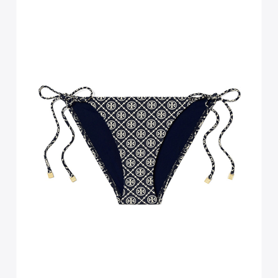 Shop Tory Burch T Monogram String Bikini Bottom In T Monogram Tory Navy/sesame