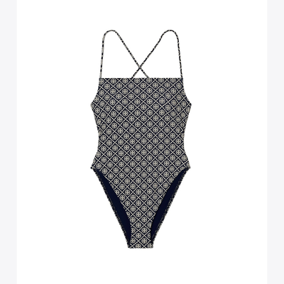 Shop Tory Burch Printed Tie-back One-piece Swimsuit In T Monogram Tory Navy / Sesame