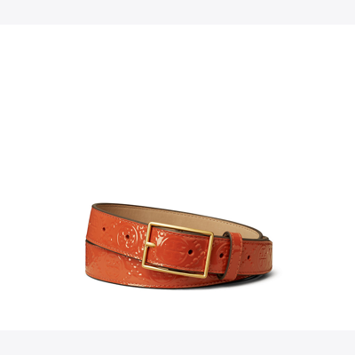 Shop Tory Burch 1" T Monogram Patent Belt In Spring Spice
