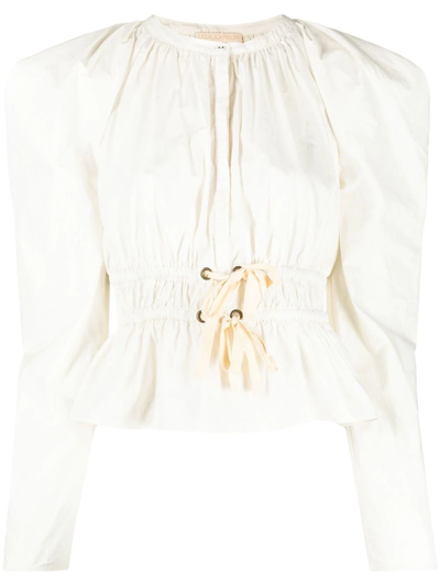 Shop Ulla Johnson Puff-sleeve Drawstring-waist Blouse In Nude