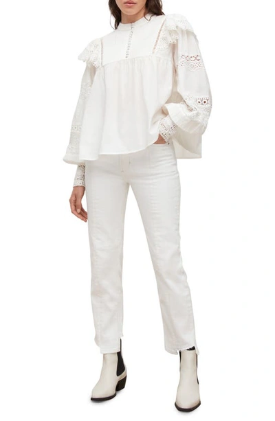 Shop Allsaints Jen Lace Trim Long Sleeve Cotton Top In Chalk White