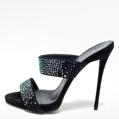 Pre-owned Giuseppe Zanotti Black Suede Crystal Embellished Slide Sandals Size 38