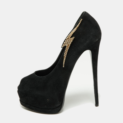 Pre-owned Giuseppe Zanotti Black Suede Crystal Embellished Peep Toe Pumps Size 39