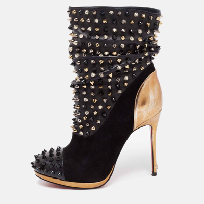 Pre-owned Christian Louboutin Black/gold Suede Patent And Leather Spike Wars Ankle Booties Size 35.5