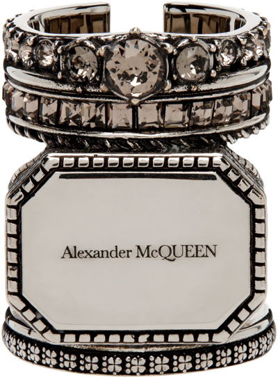 Shop Alexander Mcqueen Silver Stacked Signet Ring In 1190 0446+greige