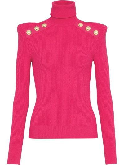 Shop Balmain Embossed Buttons Fuchsia Turtle Neck Jumper In Pink