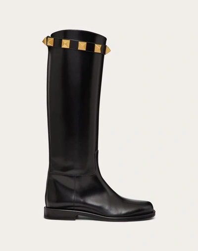 Shop Valentino Garavani Calfskin Leather Roman Stud Boot 15mm Woman Black 37