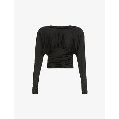 Shop Saint Laurent Cowl-neck Semi-sheer Woven Top In Noir