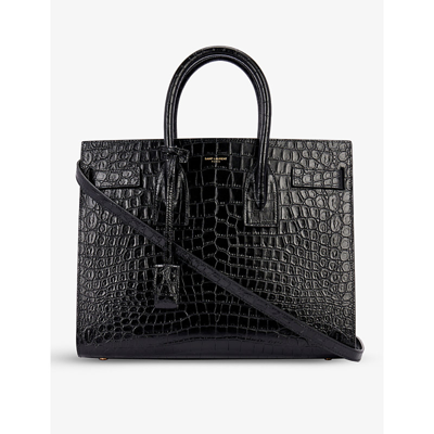 Shop Saint Laurent Sac De Jour Crocodile-textured Leather Tote Bag In Black/black