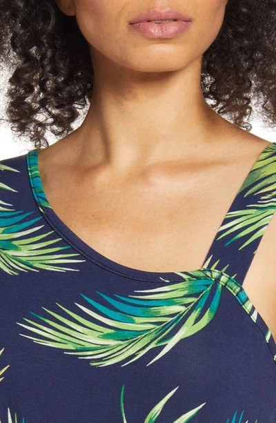 Shop Loveappella Palm Print One-shoulder Knit Dress In Navy Palm