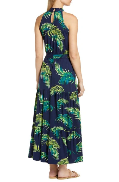 Loveappella Palm Print Halter Neck Knit Maxi Dress In Navy Palm