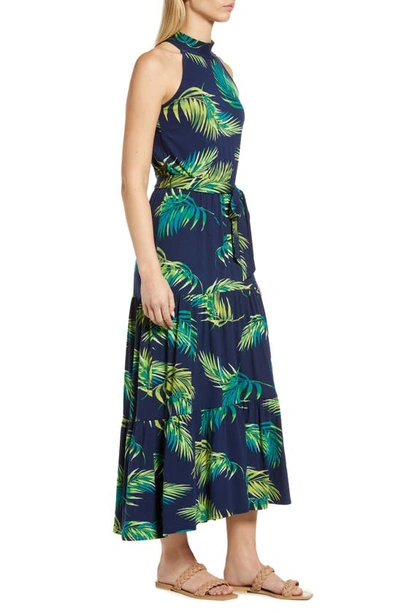 Loveappella Palm Print Halter Neck Knit Maxi Dress In Navy Palm