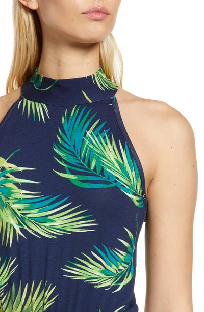 Loveappella Palm Print Halter Neck Knit Maxi Dress In Navy Palm
