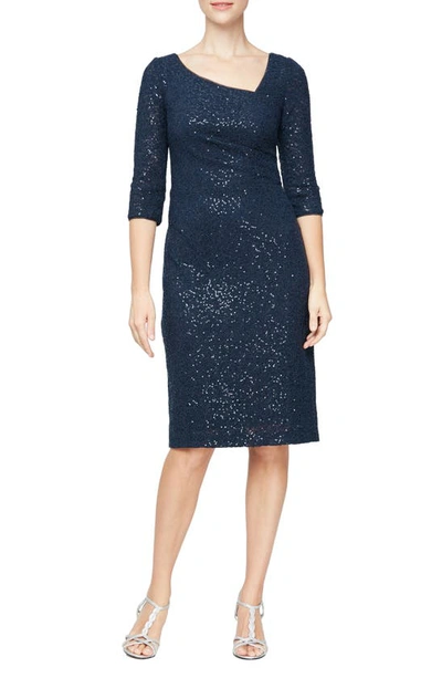 Shop Alex Evenings Embroidered Sequin Sheath Dress In Navy