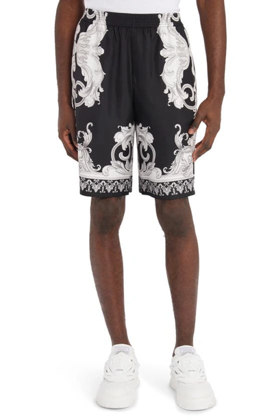 Shop Versace Baroque Print Silk Shorts In Black/ White