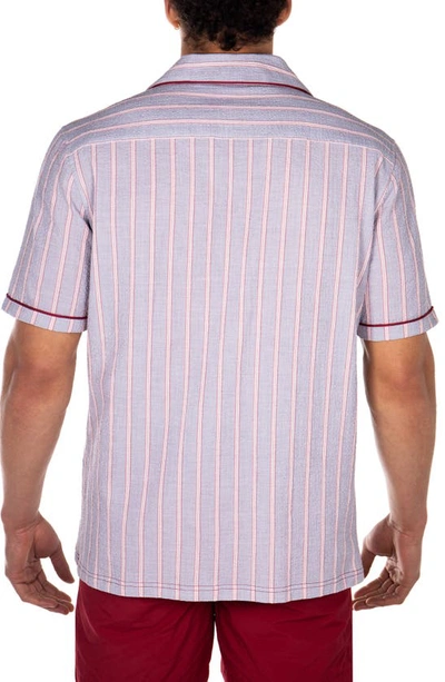 Shop Prince And Bond Luka Stripe Short Sleeve Seersucker Button-up Camp Shirt In Grey/ Burgundy Piping