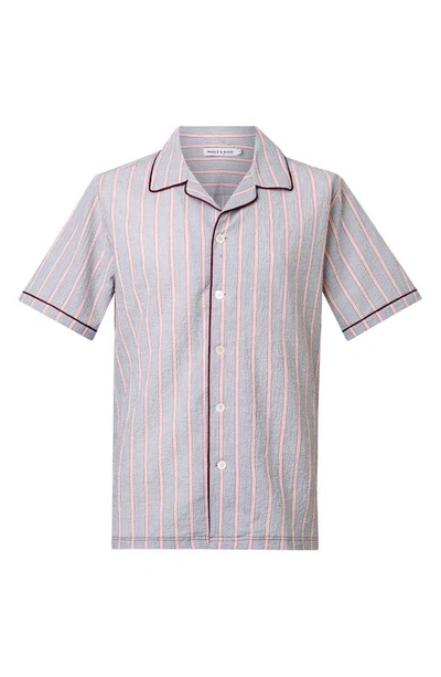 Shop Prince And Bond Luka Stripe Short Sleeve Seersucker Button-up Camp Shirt In Grey/ Burgundy Piping