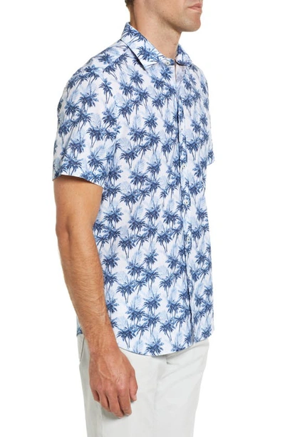 Shop Bugatchi Palm Print Short Sleeve Cotton & Linen Button-up Shirt In Riviera