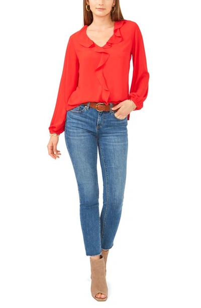 Shop Vince Camuto Ruffle Neck Long Sleeve Georgette Blouse In Bright Cherry