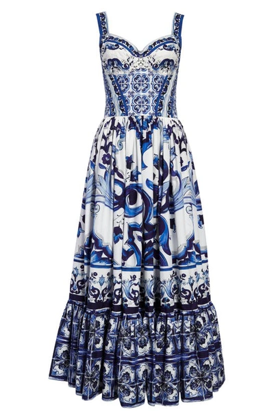 Shop Dolce & Gabbana Majolica Cotton Poplin Bustier Dress In Ha3tn Tris Maioliche F.bco