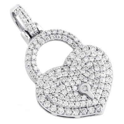 Pre-owned Jfl Diamonds & Timepieces 10k Weissgold Rund Diamant Herz & Schloss Anhänger 1.20 " Statement 1.50 Karat