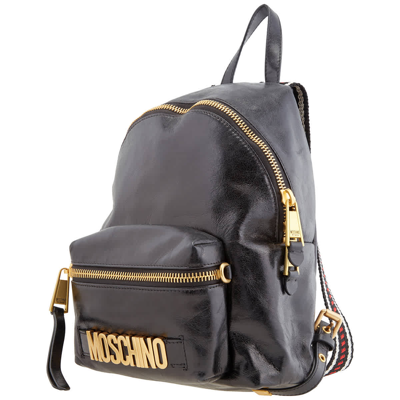 Shop Moschino Ladies Black Logo Small Patent Leather Backpack