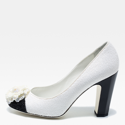 Pre-owned Chanel Black/white Sequins Escarpins Camellia Cc Pumps Size 38.5  | ModeSens