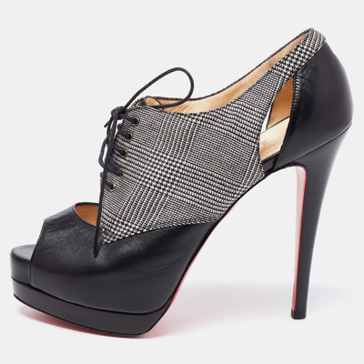 Pre-owned Christian Louboutin Black Leather And Tartan Fabric Platform Oxford Booties Size 38.5